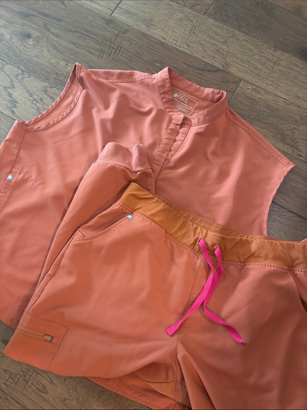 Figs Coral-Orange Scrub Top and Joggers with Pink Drawstrings